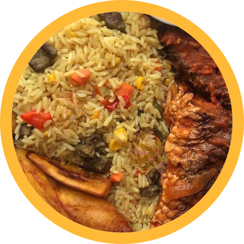 Fried rice + plantain + Mackrell fish