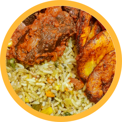 Fried rice + plantain + peppered beef