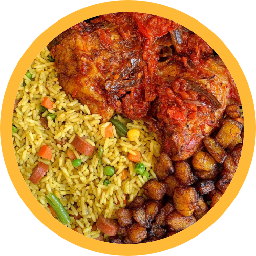 Fried rice + Plantain + Peppered chicken