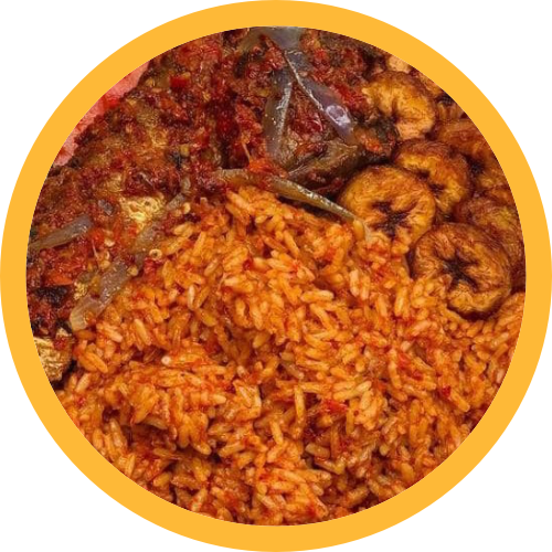 Jollof Rice + Plantain + Mackrell fish