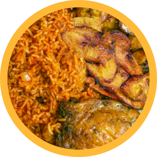 Jollof rice + Plantain + peppered Turkey