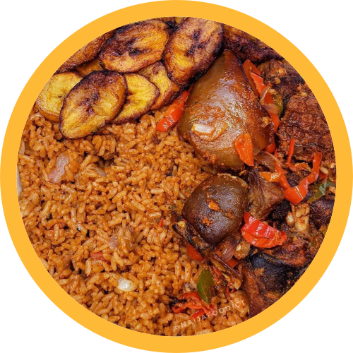 Jollof rice + Plantain + peppered beef