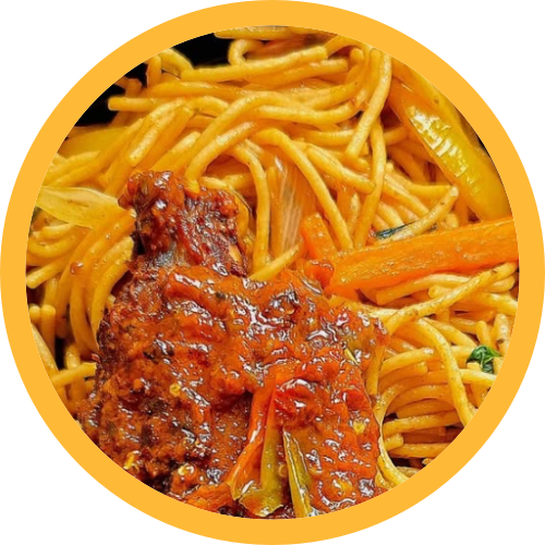 Spaghetti + peppered chicken